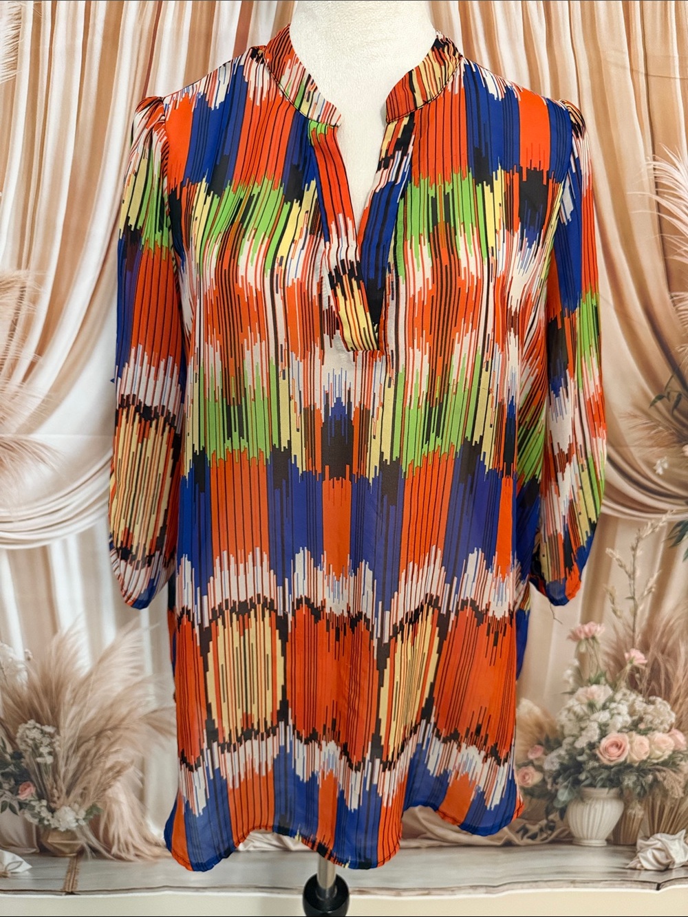 Zenobia Multicolor Pleated Tunic - Orange, Blue, Green & Cream